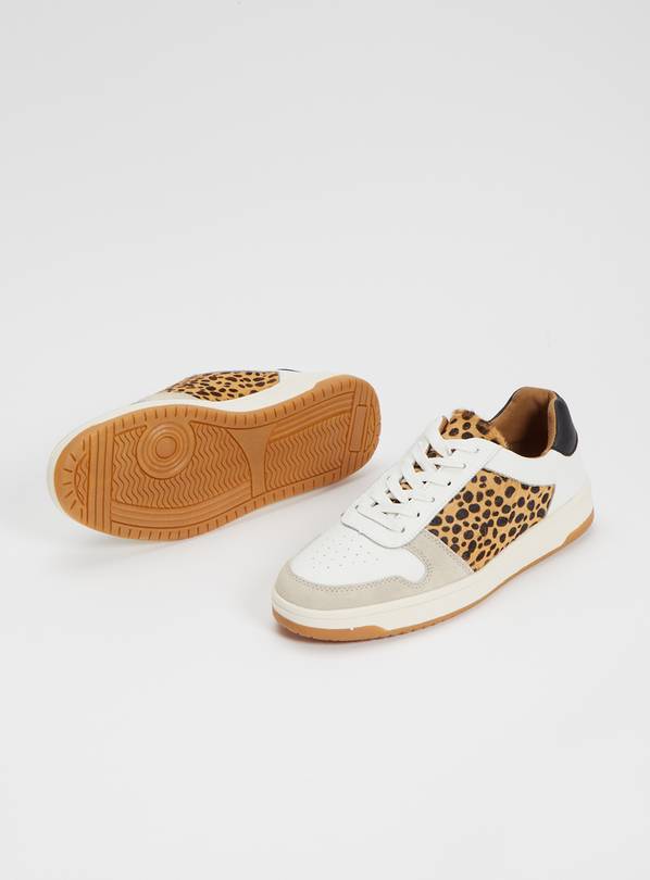 White & Leopard Print Leather Trainers - 3